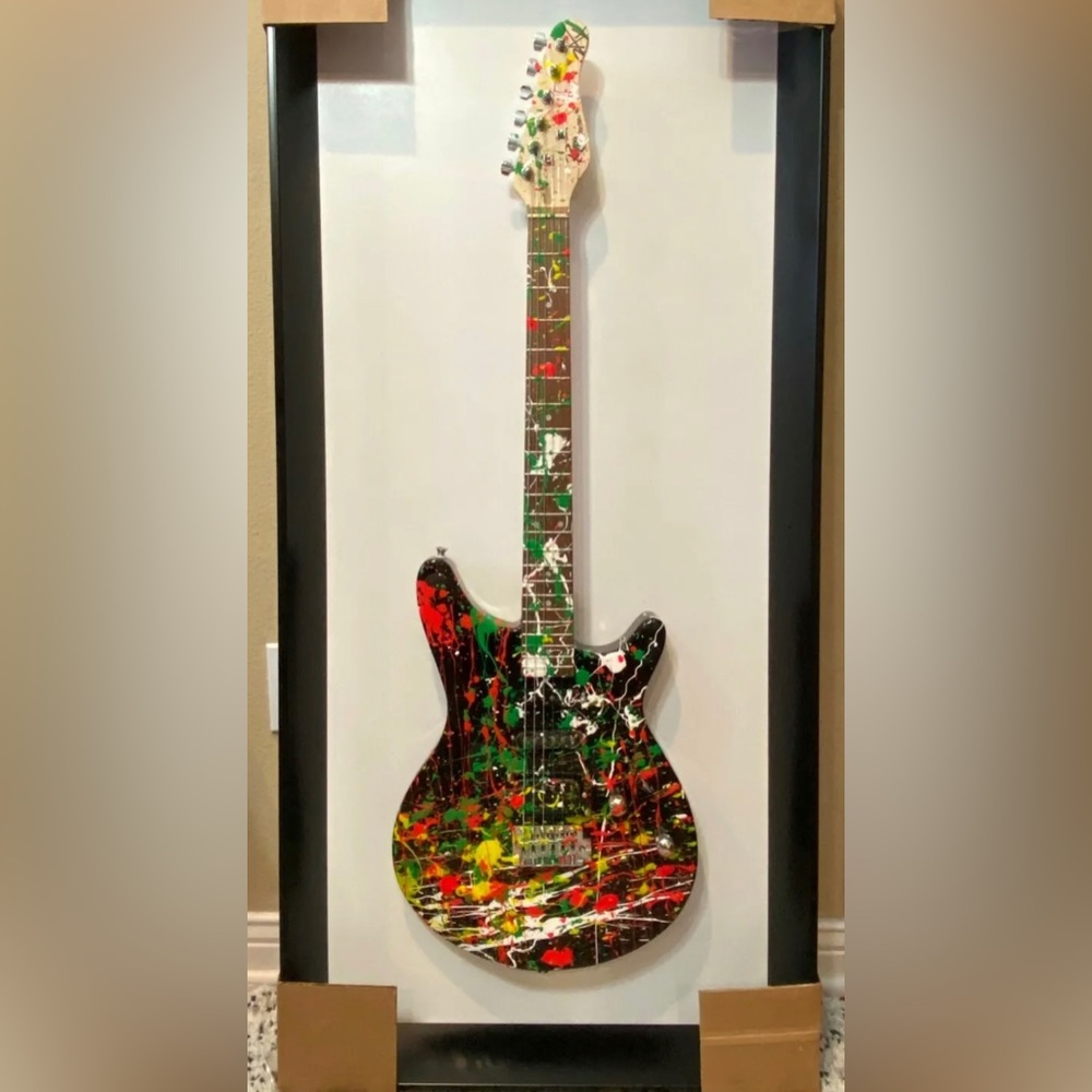 EM ZAX ORIGINAL ACRYLIC PAINTING ON ELECTRIC GUITAR IN UNIQUE FRAME HAND SIGNED